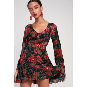 Free People Morning Light Black Print Long Sleeve Mini Dress Size 8